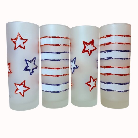 Dartington France Patriotic Tumblers Frosted Glass Set of 4 Stars Stripes July 4 - Picture 6 of 13